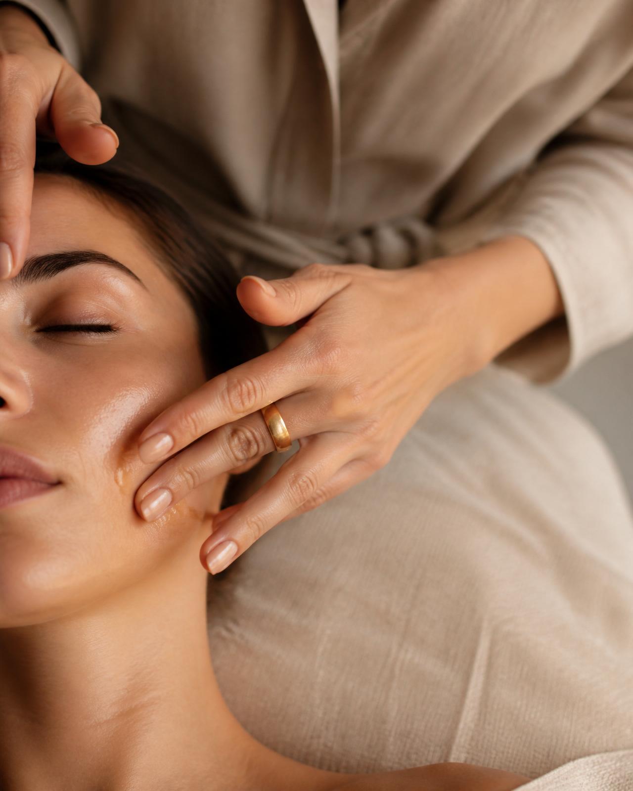 Lorene François aplicando un tratamiento facial personalizado en su centro de Petra, Mallorca